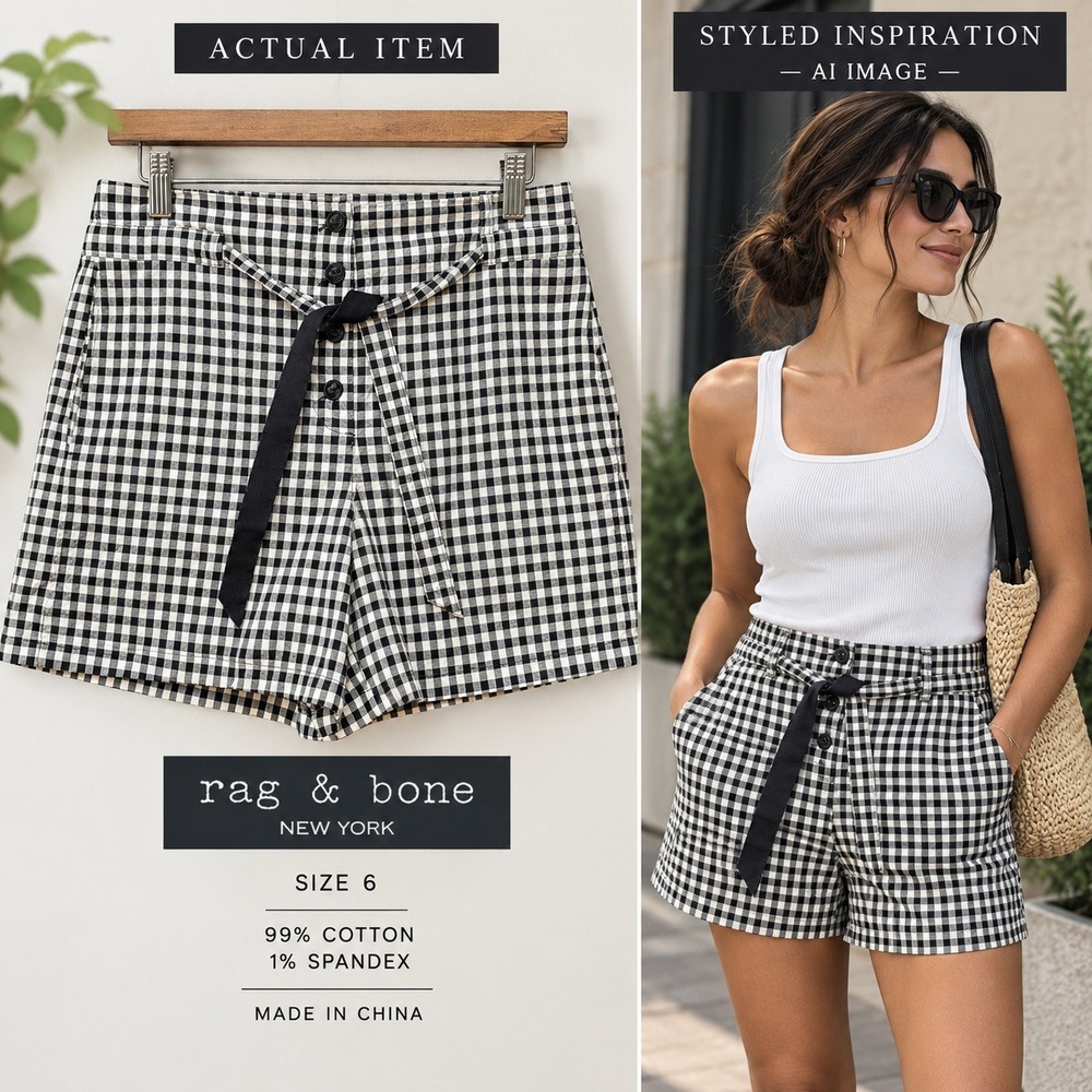 Rag & Bone Gingham Shorts Womens High Rise Button Fly Black White 6 Excellent